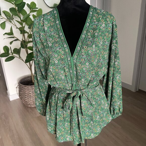 Max Studio Green Floral Crepe Tie Front Floral V-Neck Blouse Size L Classic 90s - Picture 1 of 7